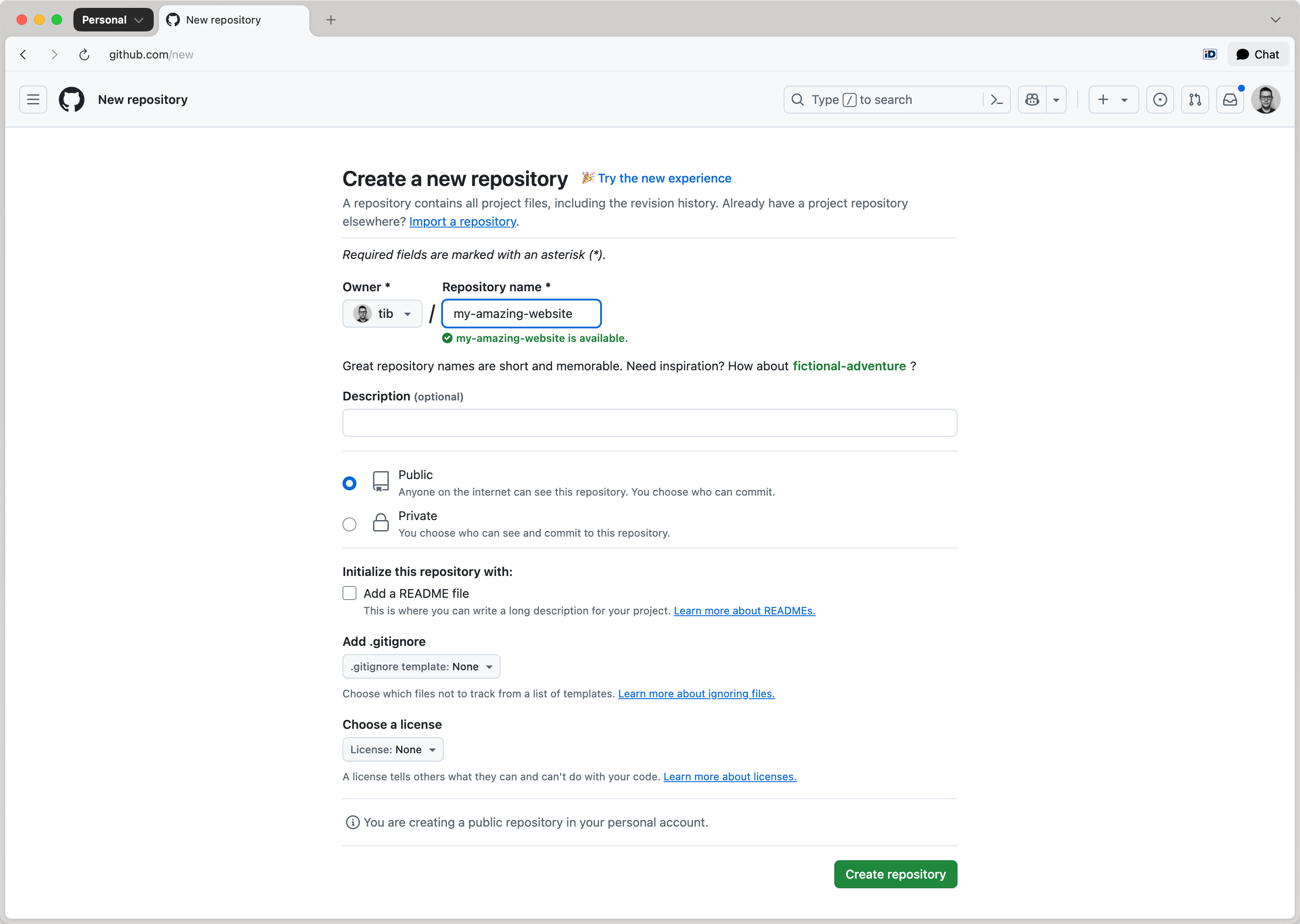 GitHub enter repository name