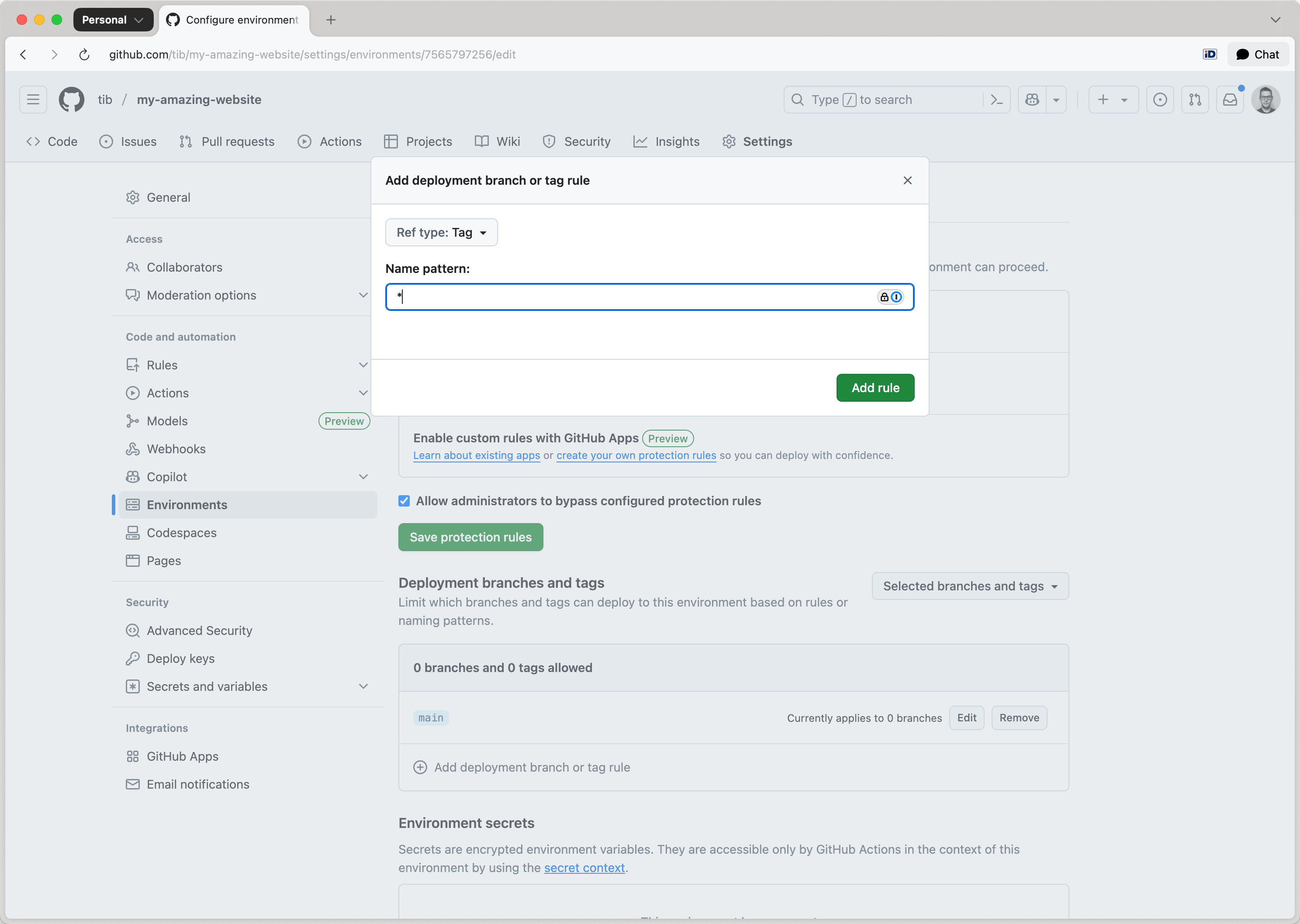 GitHub environment rule