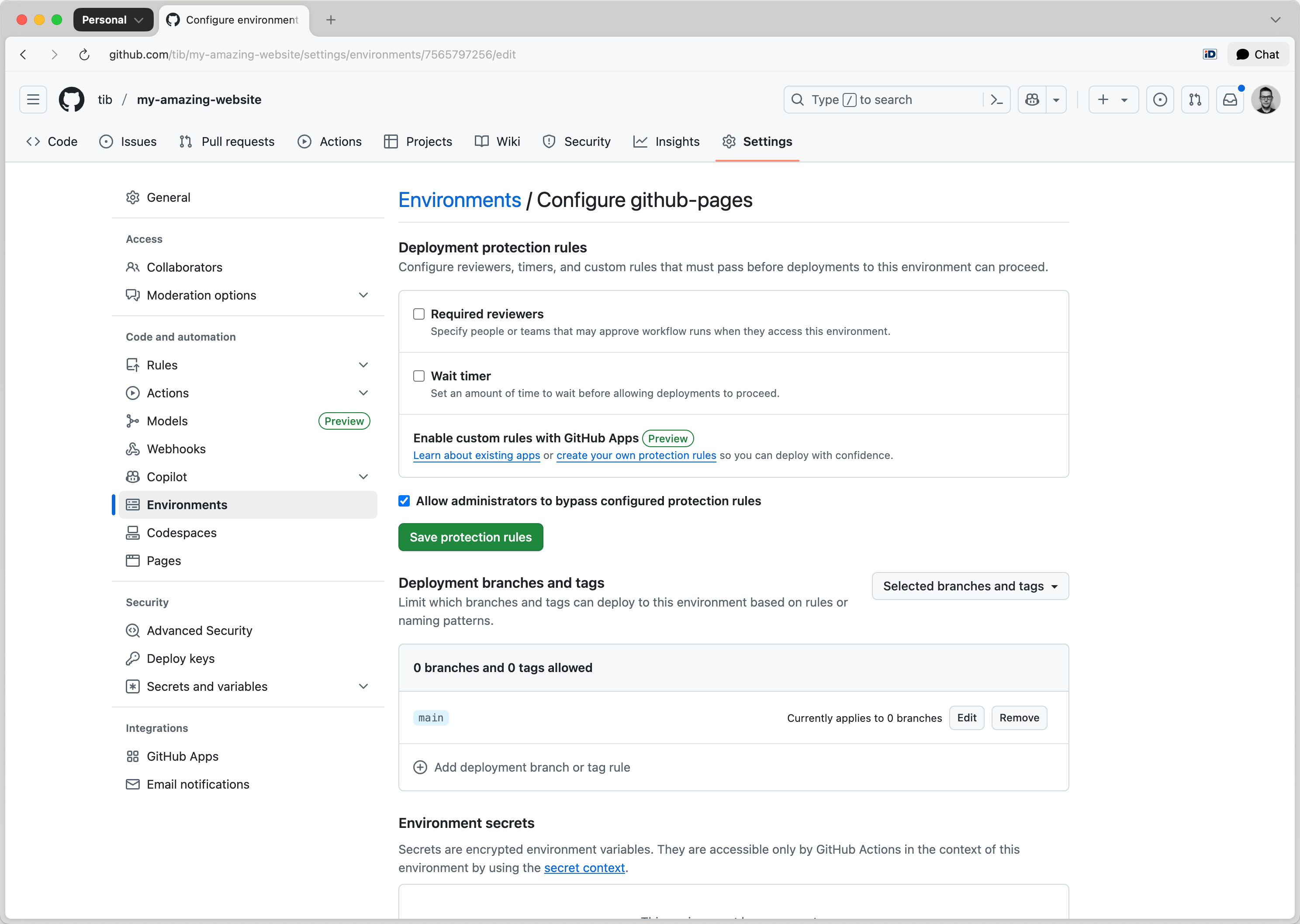 GitHub settings environments